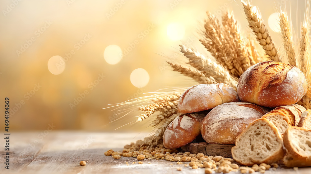 Fototapeta premium Assortment of Fresh Bread and Wheat Ears on Wooden Table