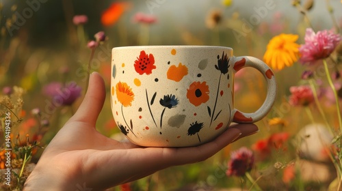 Tasse à fleurs peinte à la main dans un champ