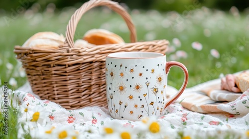 Mug à motifs floraux lors d'un pique-nique champêtre