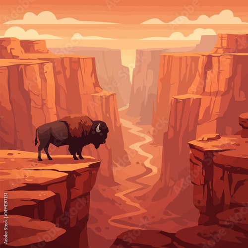 Bison Standing on Cliff Overlooking Canyon Landscape with River