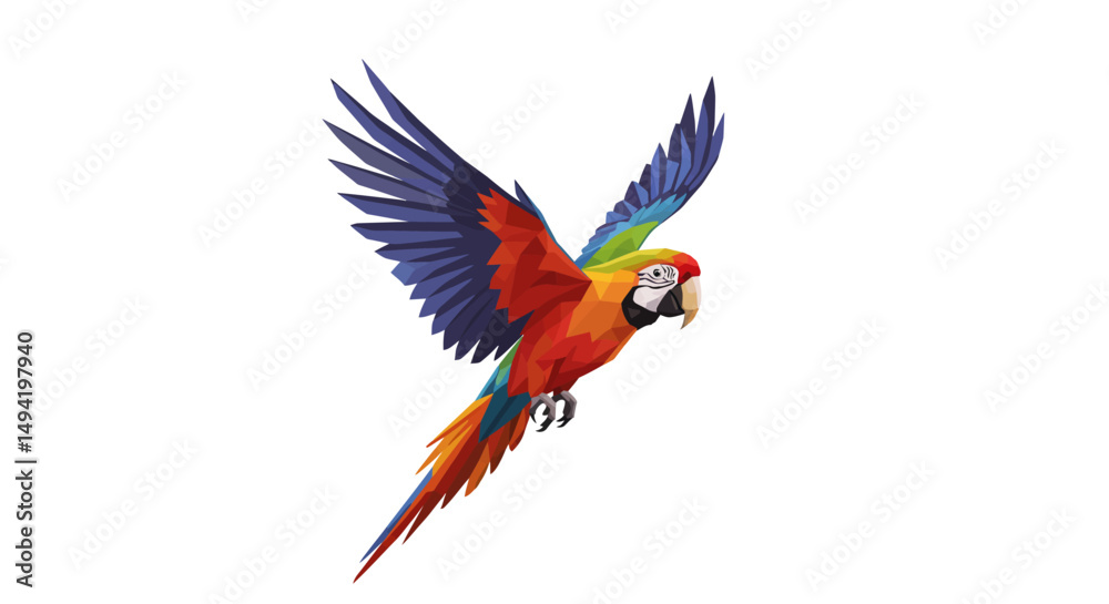 Fototapeta premium Geometric Macaw in Flight with Vibrant Colors and Open Wings