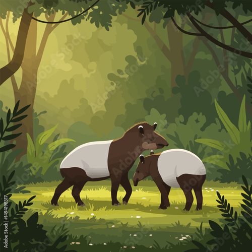 Tapirs Walking Through Lush Green Jungle Illustration Nature Scene