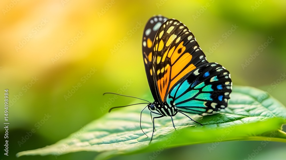 Fototapeta premium Vibrant butterfly perched on a leaf in the soft sunlight