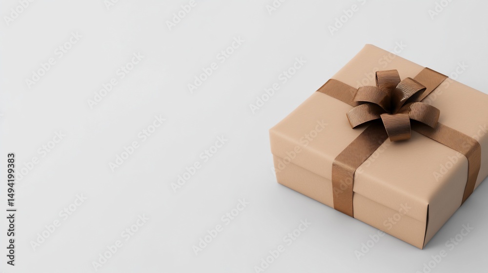 Obraz premium Beige gift box with brown ribbon on white backdrop, present for celebration
