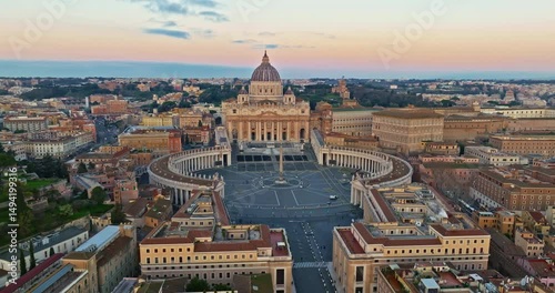 Aerial shot of the Vatican city state in Rome, Italy. Drone view of Saint Peter Basilica in Vatican State. Rome, Italy. A tourist attraction for all religious people