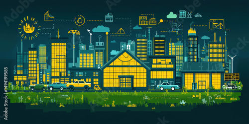 Vibrant illustration of futuristic cityscape showcases smart buildings and clean energy sources. scene includes solar panels, wind turbines, and electric vehicles, emphasizing sustainability