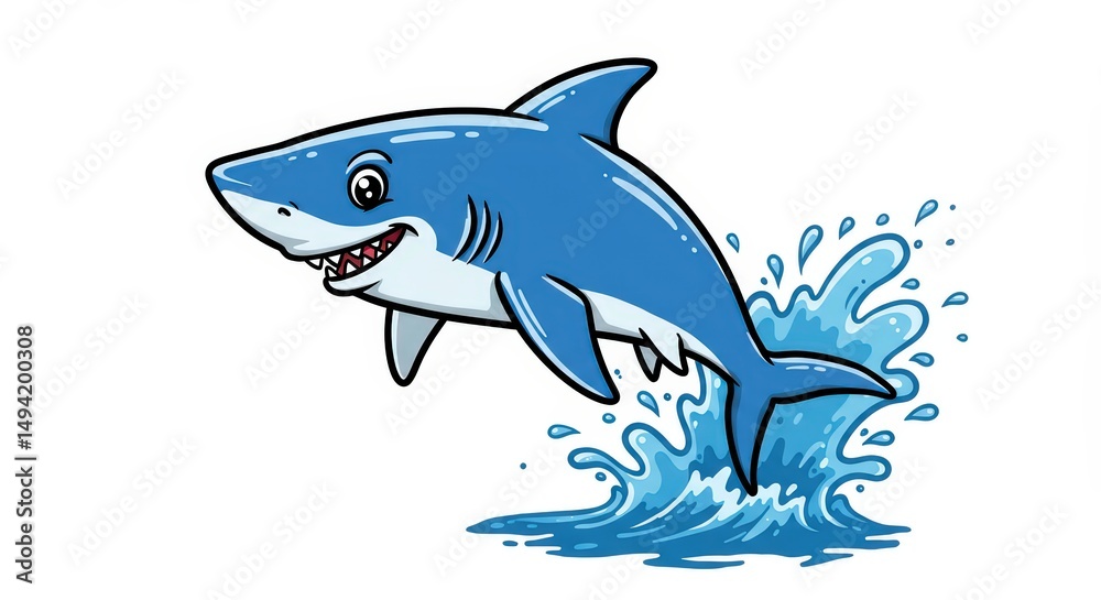 Fototapeta premium Playful Blue Shark Leaping from Ocean Waves: Cartoon Illustration
