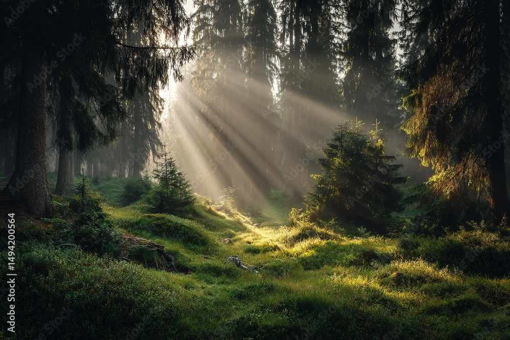 Fototapeta premium Sunlit Forest Path In Misty Morning