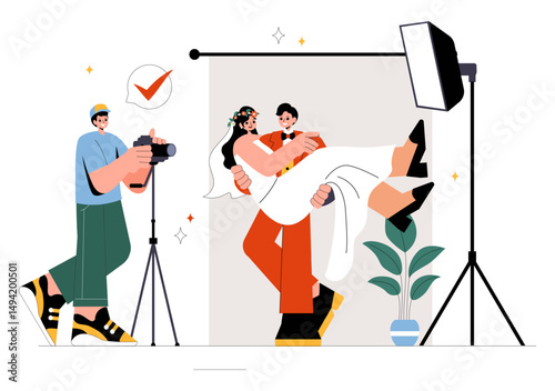 Wedding Photography Service Vector Illustration featuring a Bride and Groom Posing for a Photo Taken by a Photographer to the Important Moments