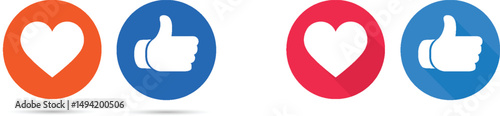 Social media like and heart icons. Thumbs up and heart icon in different colors.