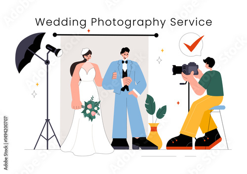 Wedding Photography Service Vector Illustration featuring a Bride and Groom Posing for a Photo Taken by a Photographer to the Important Moments