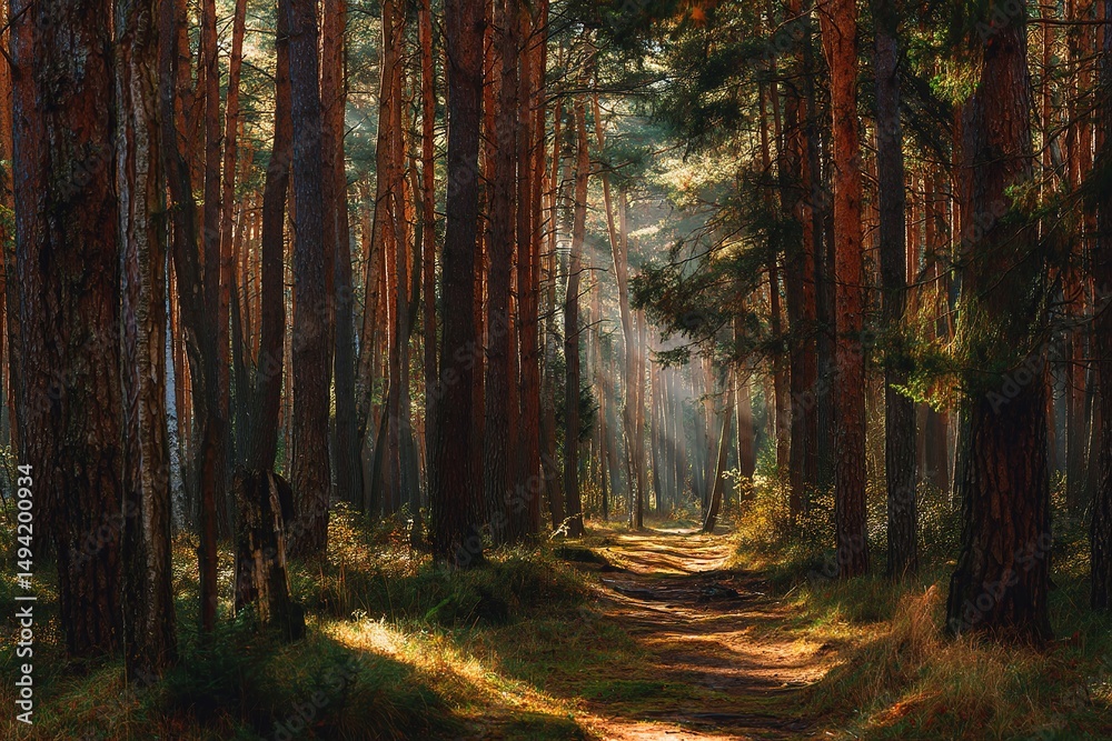 Obraz premium Sunlit Path Through Pine Forest