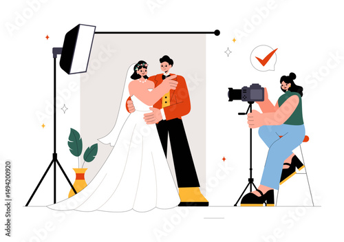 Wedding Photography Service Vector Illustration featuring a Bride and Groom Posing for a Photo Taken by a Photographer to the Important Moments