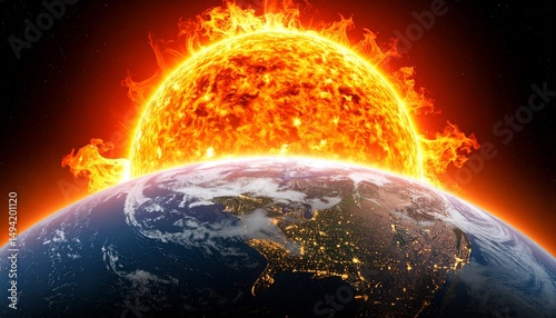 Earth and Sun. Solar storm. Flare of sun. Magnetic storm.