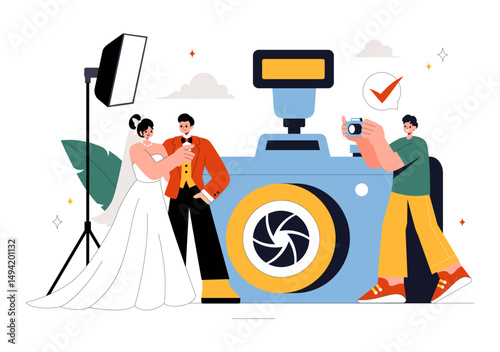 Wedding Photography Service Vector Illustration featuring a Bride and Groom Posing for a Photo Taken by a Photographer to the Important Moments