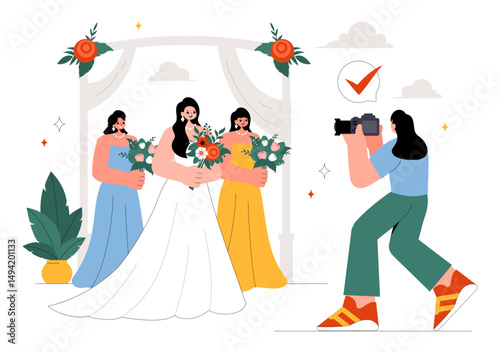 Wedding Photography Service Vector Illustration featuring a Bride and Groom Posing for a Photo Taken by a Photographer to the Important Moments