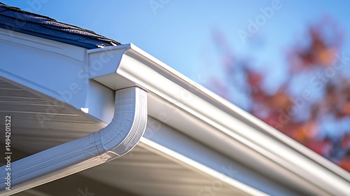 White gutter system on a residential house with home exterior detail against blue sky.