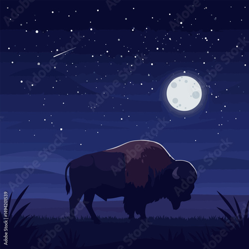 Bison Silhouette Grazing at Night Under Starry Sky and Moon