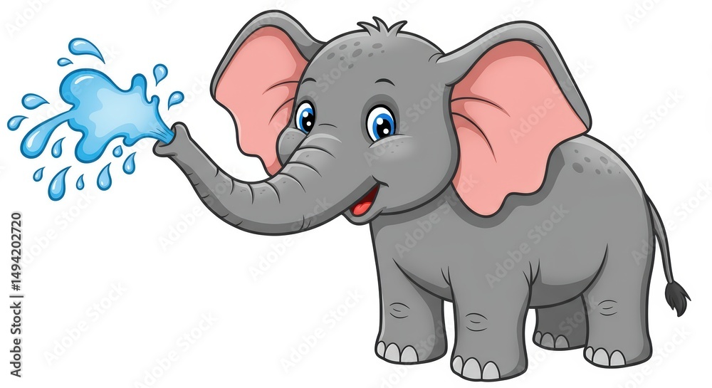 Naklejka premium Playful Elephant Sprinkling Water: A Cute Cartoon Illustration