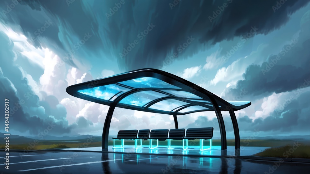 Obraz premium High-Tech Bus Stop Under Clouds