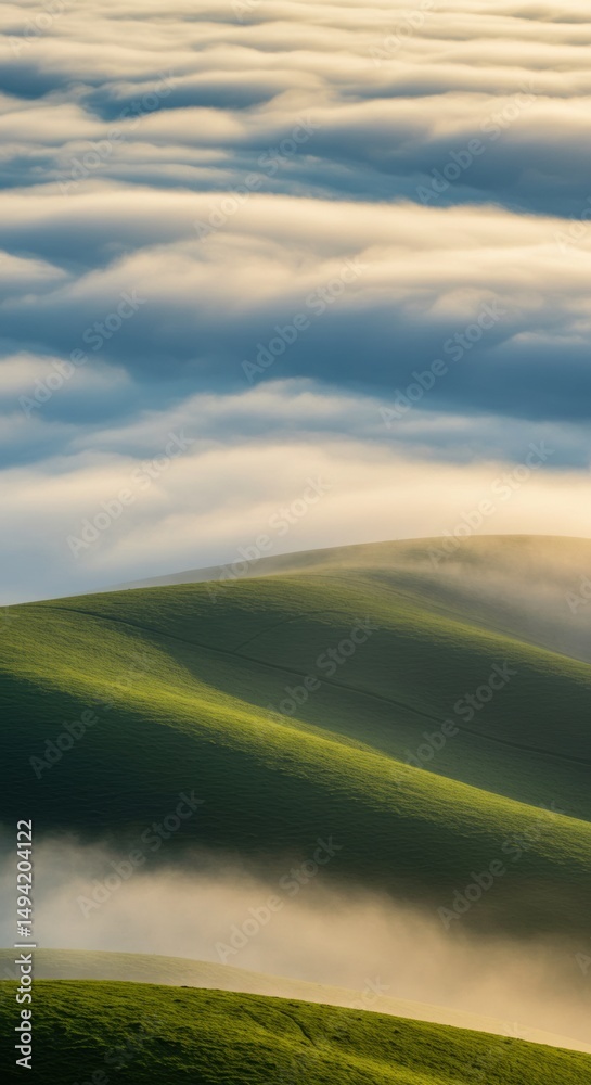 Obraz premium Rolling green hills meet a sea of fog under a partly cloudy sky, evoking tranquility and natural beauty. Serene and captivating landscape