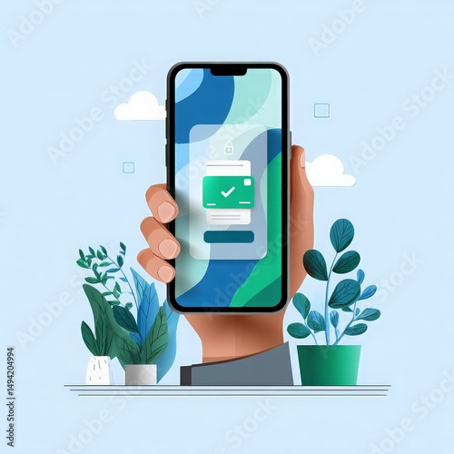 Modern Smartphone in Hand Displaying App Interface with Checkmark and Greenery Background, Concept of Digital Security and Technology in Everyday Life
