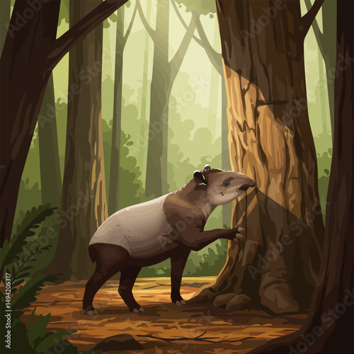 Tapir in Forest Illustration Standing by Tree Trunk in Sunlight