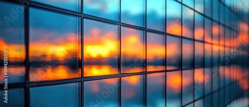 Sunset hues reflected in a glass building's facade, creating a vibrant, abstract pattern of color and light