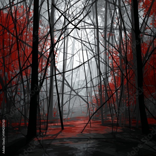 Mysterious Forest Scene with Red Leaves and Intricate Shadows Highlighting an Eerie Atmosphere in a Foggy Woodland Landscape