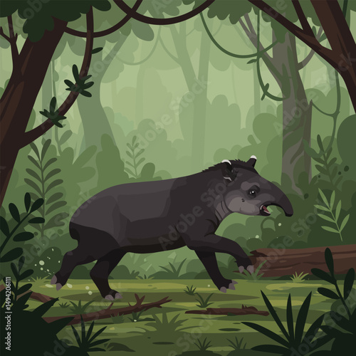 Tapir Running in a Lush Jungle Illustration Wildlife Concept