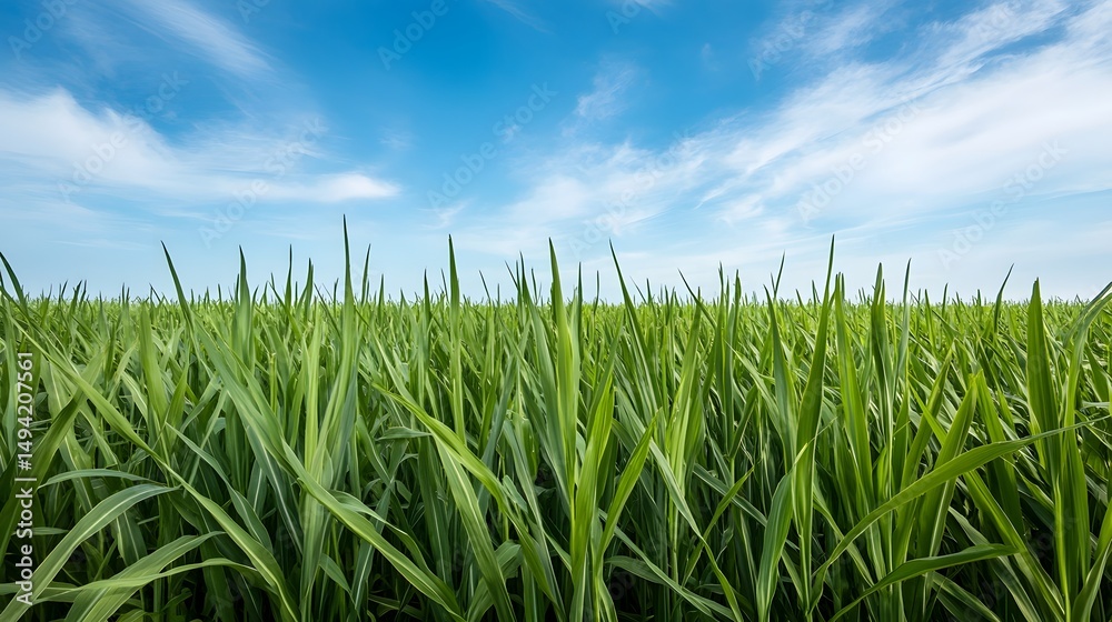 Fototapeta premium Expansive sugarcane plantation under a bright blue sky
