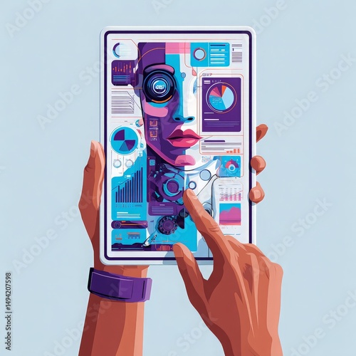 Vibrant Digital Art Showing Human-Machine Interaction with a Futuristic Touch and Eye-Catching Data Visualization on a Tablet Display