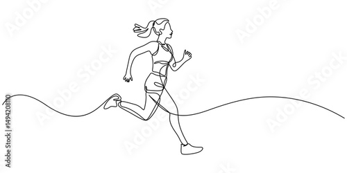 vector one line drawing girl running, Continuous single drawn one line girl on a run, single continuous line drawing of a young woman athlete running fast. Sport running woman concept of sports.