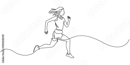 vector one line drawing girl running, Continuous single drawn one line girl on a run, single continuous line drawing of a young woman athlete running fast. Sport running woman concept of sports.