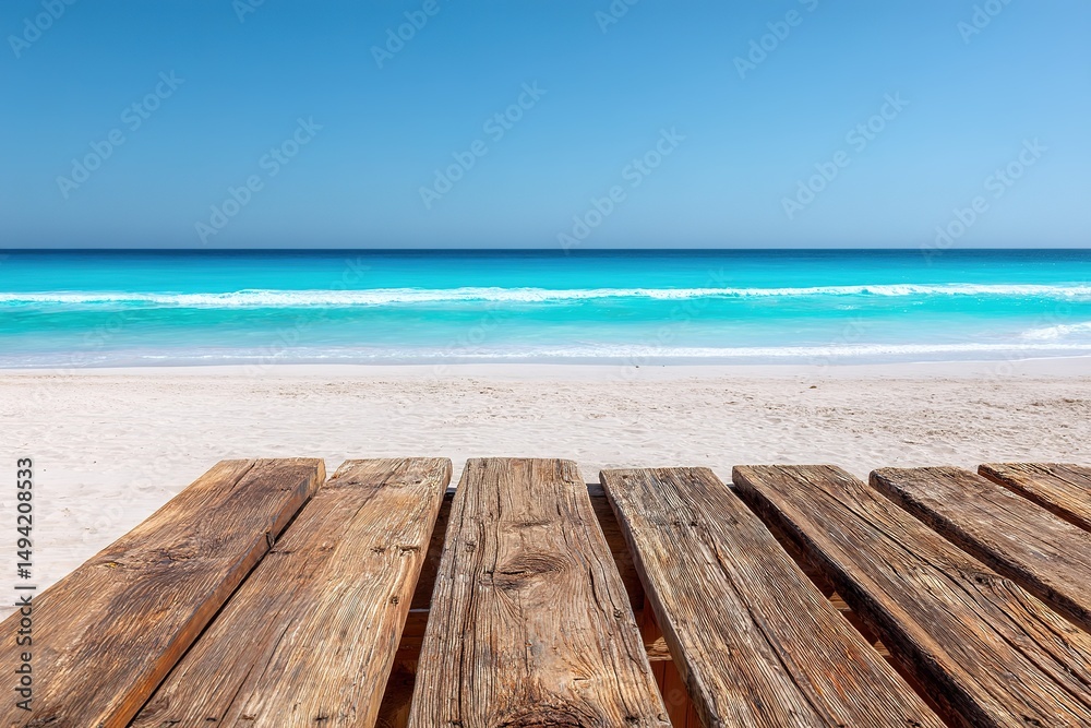 Wooden Planks On Beachfront With Turquoise Water Wooden Planks On Beachfront With Turquoise Water