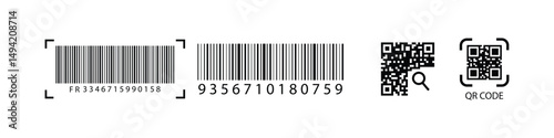 QR Code with text scan me icon and barcode icon collections. Dummy Barcodes and QR code label Collection. digital bar code and retail pricing bars labeling. QR code icon collections.