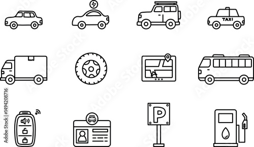 This is a clean black line icon set featuring 12 vehicle and driving elements. The minimalist design is perfect for user interface, documentation, and print templates.