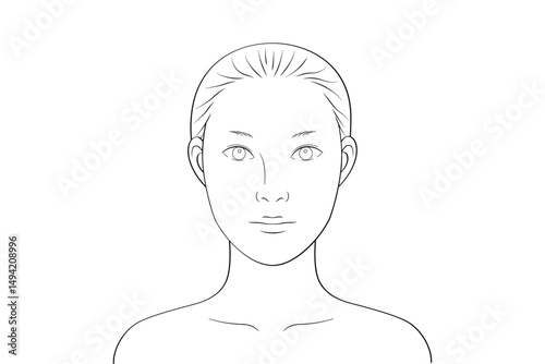 二重のノーメイクの女性｜メイク練習・シミュレーション用線画イラスト素材