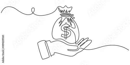 Continuous one line drawing of hand holding money bag. Money storage and investment single Line art. Saving, Investment and finance bank concept, Hand holding money bag with coins stack continuous one
