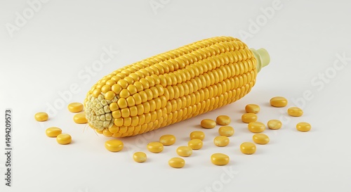 A cornfield inspired display with one corn cob and scattered kernels, positioned in the center on a clean white background, rustic and vibrant,  photo