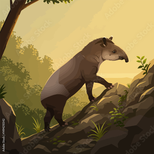 Tapir Climbing on Rocks in Forest Illustration with Warm Light
