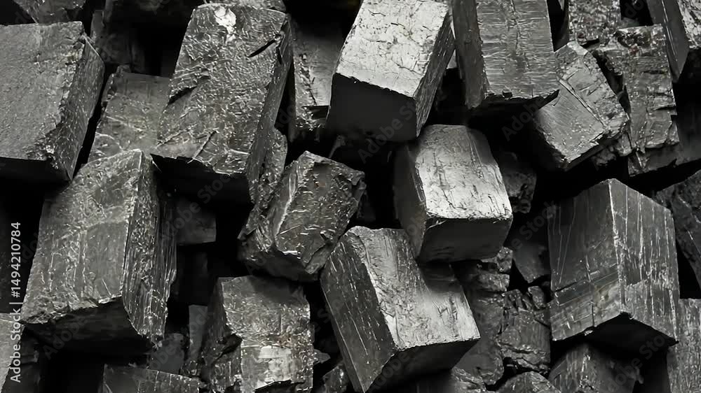 A close-up view of many dark gray, rectangular metal blocks