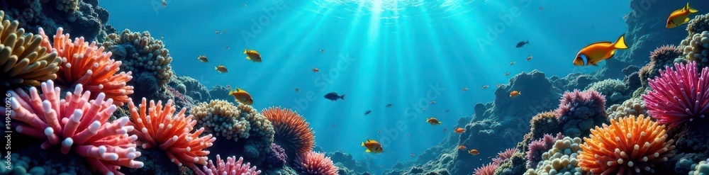 Fototapeta premium Vibrant coral reef teeming with diverse, colorful fish , background, vibrant, graphic design
