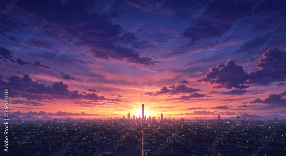 Obraz premium Sunset Metropolis: A Vibrant Cityscape at Dusk