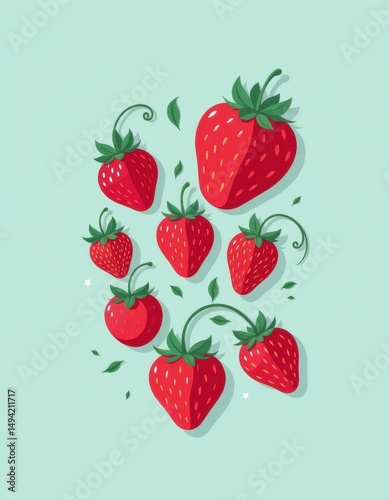 minimalist flat design of strawberries with bold, flat colors on a plain background