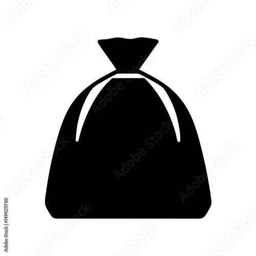 Black silhouette of a tied sack or bag against a white backdrop