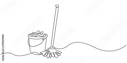 mop and bucket continuous line art drawing. Cleaning service concept, Mop and bucket continuous line art drawing. Cleaning service concept, Cleaning tools one line colored continuous drawing.