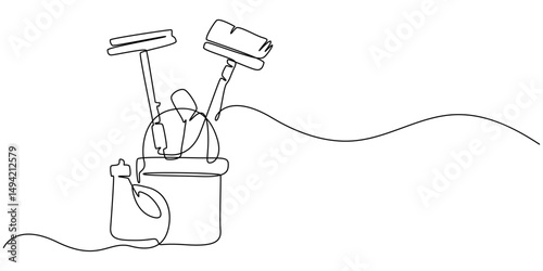 mop and bucket continuous line art drawing. Cleaning service concept, Mop and bucket continuous line art drawing. Cleaning service concept, Cleaning tools one line colored continuous drawing.