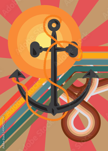 Retro 70s Background with Anchor. Groovy Steel 1970s art template. Minimalistic Vintage design poster. Old-fashioned color artwork.