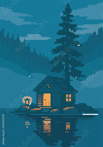 pixel art view of house in the middle of the lake, vector illustration on isolated background.
